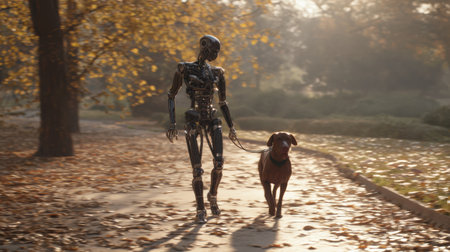 A robot and a dog enjoy a peaceful stroll through a park filled with autumn leaves in the warm sunlight.の素材
