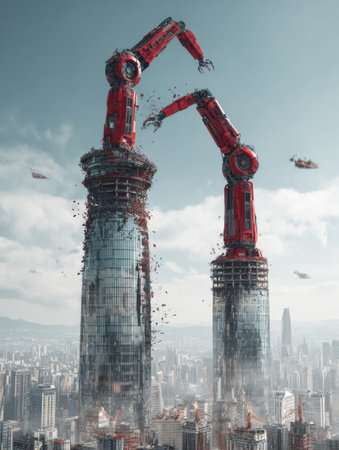 Robotic arms are dismantling two skyscrapers in a vibrant city, highlighting advanced technology and urban change.の素材