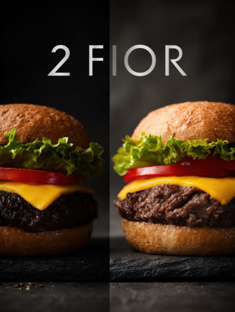 Two mouthwatering burgers display juicy patties, melted cheese, crisp lettuce, and ripe tomato, tempting any food lover.の素材