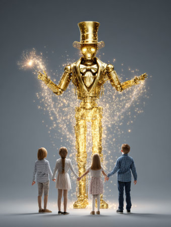 A golden robot with a top hat entertains three children by creating sparkles in a magical atmosphere.の素材