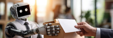 A robot, dressed in a shirt and tie, delivers a package and a blank sheet of paper to a person wearing a suit.の素材