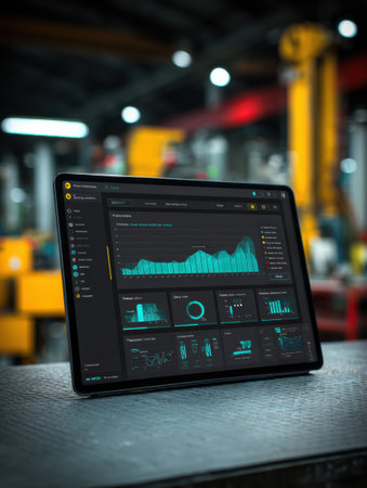 Tablet shows graphs and charts in a factory, highlighting data insights and performance metrics.の素材