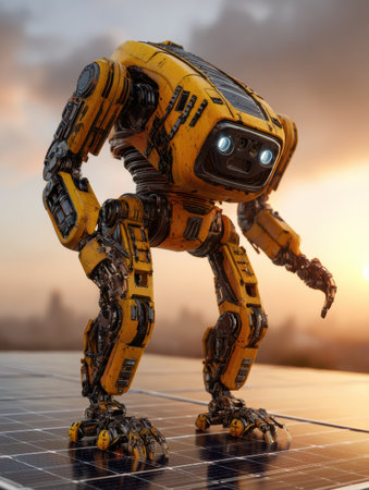 A yellow robot with glowing eyes poses on solar panels as the sun sets, showing advanced technology in energy.の素材