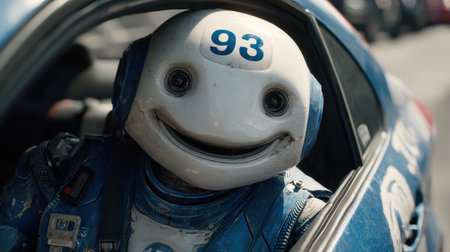 A cheerful robot character sits inside a blue car, surrounded by a bustling crowd at a lively racing event.の素材