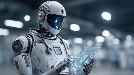 A medical robot interacts with a digital display while assessing patient information in a modern healthcare setting.の素材