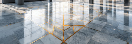 Light reflects on a stunning marble floor with golden lines, creating an artistic geometric pattern in a spacious area.の素材