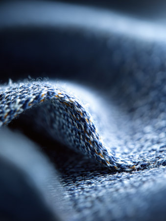 A detailed look at the beautiful texture of denim fabric, highlighting its folds and weave under soft lighting.の素材