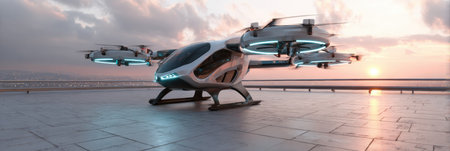 A sleek aerial vehicle rests on a rooftop at sunset, silhouetted by a vibrant sky and distant city lights.の素材
