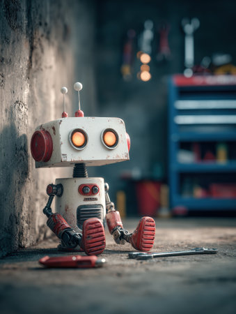 A small robot leans against a workshop wall, nestled among tools, exuding nostalgia and creativity.の素材