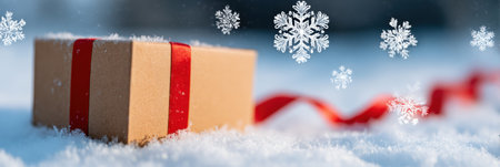A brown box with red ribbon rests on snow. Snowflakes fall around a curled ribbon on a bright winter day.の素材