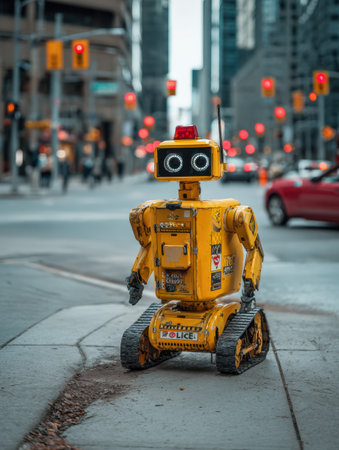 A cheerful yellow robot traverses a bustling city filled with traffic and pedestrians on a sunny day.の素材