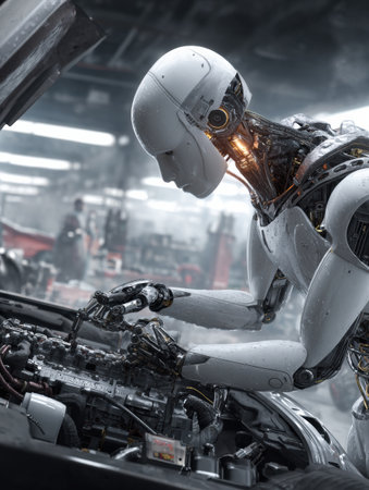 A robot technician works carefully on a car engine inside a modern workshop bustling with advanced equipment.の素材