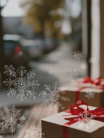 Wrapped presents are stacked near a window with snowflakes falling outside during Christmastime.の素材