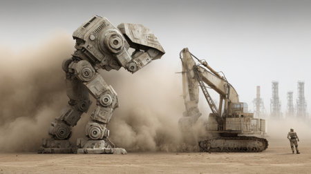 A towering robot looms over a construction vehicle in a dusty, deserted site filled with machinery.の素材