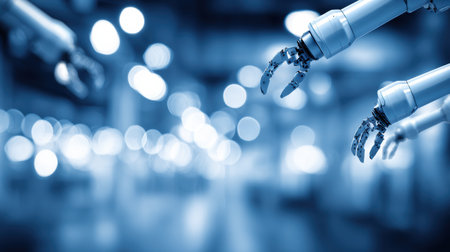 Robotic arms are actively engaged in tasks within a contemporary factory space, showcasing automation in industry.の素材