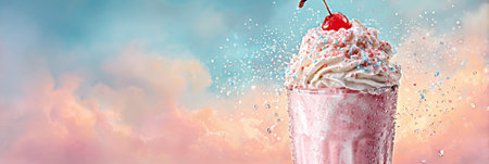 A pink milkshake with whipped cream, sprinkles, and a cherry sits in a glass against a colorful backdrop.の素材