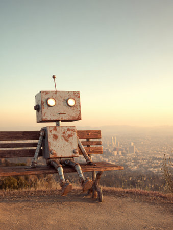 A rusty robot sits alone on a bench, gazing at the city skyline during sunset, immersed in its thoughts and the scenery.の素材