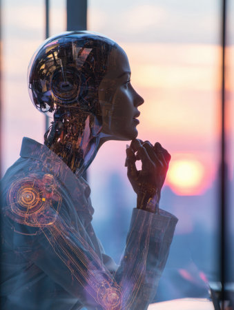 A humanoid robot gazes thoughtfully at the city skyline during sunset, reflecting on its surroundings in a sleek office.の素材