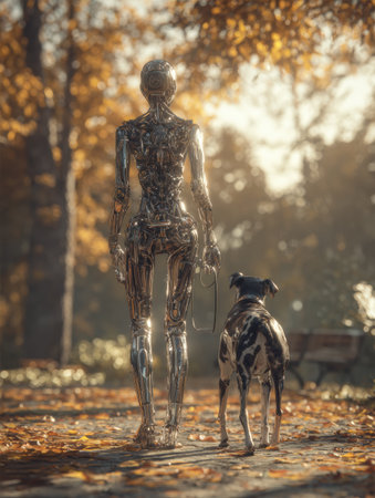 A metallic robot takes a leisurely stroll with a dog amidst colorful autumn foliage, creating a peaceful scene.の素材
