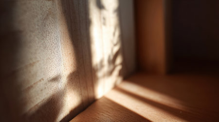 Soft light streams through a narrow gap, casting gentle shadows on warm wood for a calm morning vibe.の素材