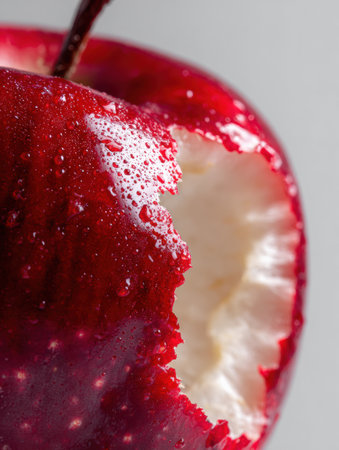 A close up of a juicy red apple with a missing bite, covered in small water droplets.の素材