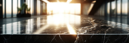 Sunlight streams through large windows, highlighting the polished black marble surface in a contemporary setting.の素材