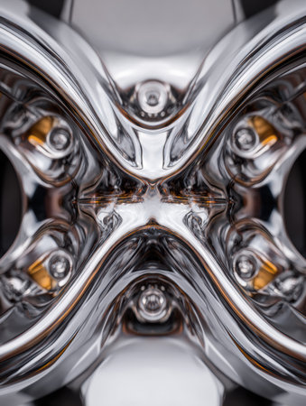 A symmetrical abstract design in chrome reflects light, displaying curved lines and repetitive shapes in shiny metal.の素材
