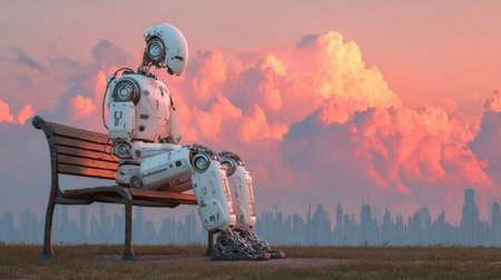 A robotic figure rests on a park bench, surrounded by a colorful sky at sunset and towering buildings in the distance.の素材