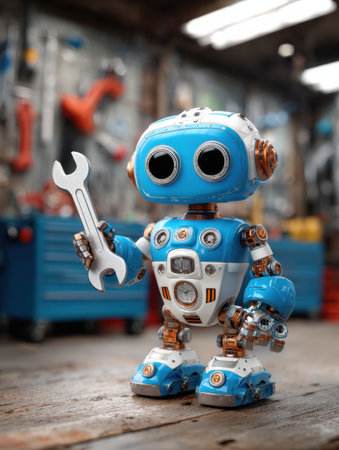 A detailed robot with a wrench stands in a busy workshop, showing innovation and creativity among tools.の素材