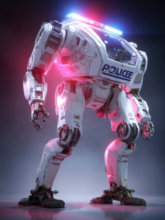 A sleek humanoid police robot boasts glowing lights and advanced technology.の素材