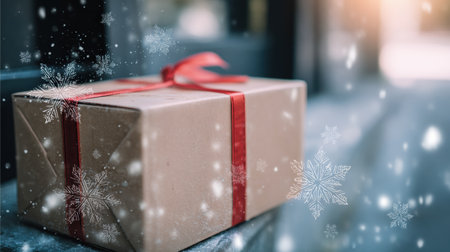A wrapped gift sits with snowflakes falling. It has a red ribbon. The scene is festive, conjuring holiday feelings.の素材