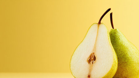 Two pears are displayed against a vibrant yellow backdrop, one whole and one cut in half, revealing its juicy interior.の素材