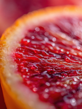 Juicy blood orange slice reveals beautiful red hues and intricate textures under warm sunlight, highlighting freshness.の素材