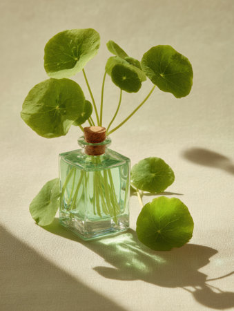 Green leaves sprout from a glass bottle, casting gentle shadows in a tranquil, natural light.の素材
