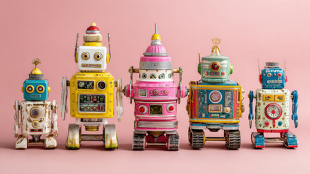 Five unique vintage robots in a row display their charming colors and retro designs.の素材