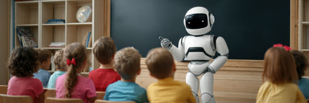 Robot engages children in a bright classroom, enhancing their learning experience during the lesson.の素材