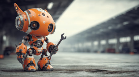 A small orange robot stands on a concrete floor, holding a wrench, surrounded by an industrial environment.の素材