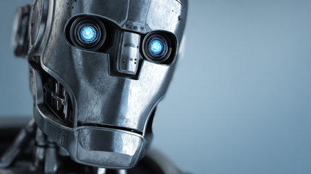 A humanoid robot head made of metal stars forward. Its eyes glow with bright blue light in the darkness.の素材