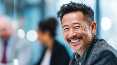 A man smiles as he talks to colleagues in a friendly, bright office environment during the day.の素材