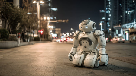 A small robot is sitting quietly on a deserted city street at night, surrounded by glowing lights and tall buildings.の素材
