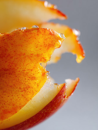 Close-up reveals a vibrant apple slice, showing droplets and texture.の素材