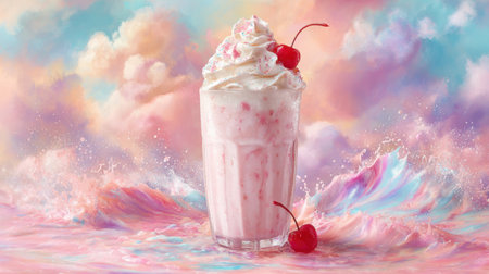 A glass of pink milkshake is on a swirl of pastel waves. Topped with whipped cream and cherries.の素材
