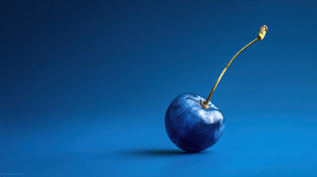 A striking blue cherry rests on a smooth surface, highlighting its vivid color and elongated stem in a clean backdrop.の素材