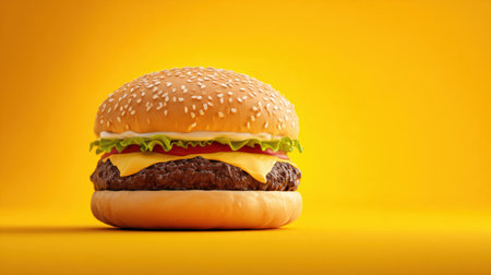 Juicy cheeseburger with fresh lettuce and tomato on a vibrant yellow background, showing its deliciousness.の素材