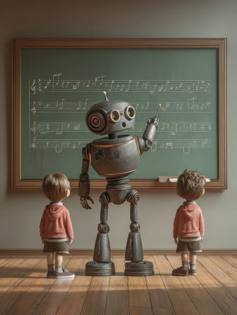 A robot stands in front of a chalkboard, teaching two curious children about music notes. Natural light fills the room.の素材