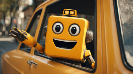 A cheerful robot with a yellow exterior waves joyfully from a taxi window in a bustling urban environment.の素材