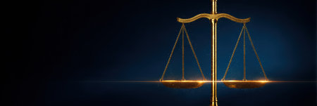 Golden scales symbolize justice and fairness set against a dark blue background, highlighting ideals of law and order.の素材