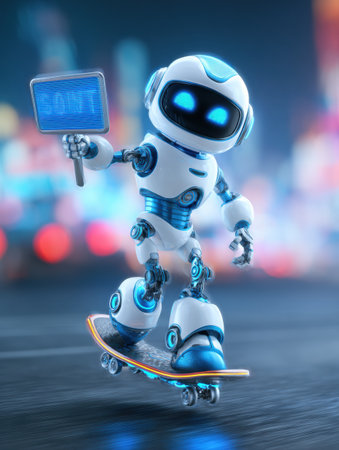 A small robot is skateboarding at night, while holding a sign.の素材