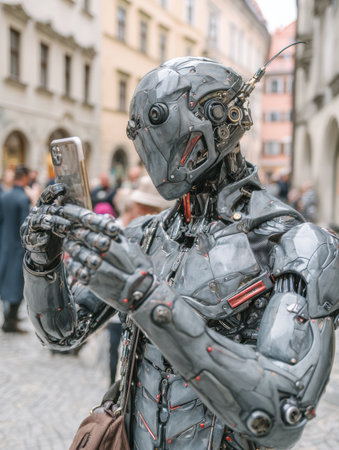 A futuristic robot interacts with a smartphone in a crowded street filled with people and historic buildings.の素材