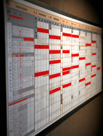 A large board shows tasks, events, and deadlines marked in red for efficient time management in an office environment.の素材